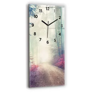 Wallfluent Wanduhr – Stilles Quarzuhrwerk - Uhr Dekoration Wohnzimmer Schlafzimmer Küche - Zifferblatt - schwarze Zeiger - 30x60 cm - Herbst Road Forest Nebel - Braun