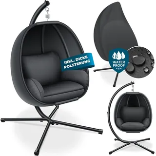 KESSER® Luxe Hängesessel mit Gestell + weicher Sitzkissen, Seitenpolsterung, Sitz- und Rückenkissen Hängekorb Indoor & Outdoor, Garten Schaukel Korb Hängestuhl Stabiler Standfuß, max. 150 kg - Grau, Dunkelgrau