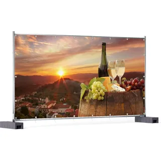 Wallario XXL Outdoor-Poster für Garten oder Balkon, Motiv Wein Romantik - Weißwein mit Käse auf einem Fass, in ca. 340 x 173 cm - Braun