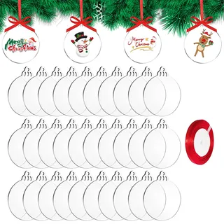DRERIO 30er Set Acryl-Weihnachtskugeln 8 cm rund flach mit Loch zum Bemalen | 30er Set Acryl Weihnachtskugeln flach, 8,8 ×7,6 cm, bruchfest & bemalbar, mit Loch & Band, für innen & außen, DIY