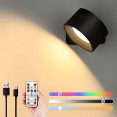 Lightess RGB LED Wandlampe mit Akku Wandleuchte Innen Dimmbar Fernbedienung & Touch Control 360°drehbar Wandlicht Batterie, 3-Farbtemperaturen für Wohnzimmer Schlafzimmer Flur kabellose wandleuchten