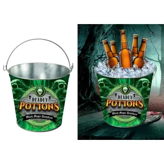FIESTAS GUIRCA | Deko-Eimer Deadly Potions - Metall Halloween - 19X23 cm | Metalleimer mit Totenkopf-Design | Magische Motive | Mit Henkel | 19X23 cm | Karneval, Fasching