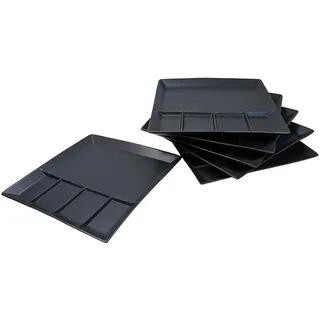 Spetebo Raclette und Fondue Teller eckig schwarz mit 5 Kammern - 6er Set | Porzellan Grillteller Menüteller Tapasteller Grill Party Sushi Platte spülmaschinenfest