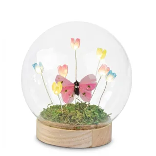 formano LED Deko Kugel Blumen Schmetterling Glaskugel mit Holzsockel & Timer 13cm - batteriebetriebene Frühlingsdeko für Tisch, Fensterbank & Geschenk