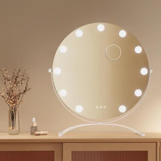 EMKE Kosmetikspiegel Hollywood 58X50cm Rund Schminkspiegel mit LED Beleuchtung und Vergrößerung 7x, 3 Lichtfarben Dimmbar, Weiß - Weiß