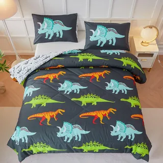 RYNGHIPY Dinosaurier-Bettwäsche-Set, Queen-Size-Größe, Dinosaurier-Bettwäsche-Set für Jungen und Mädchen, weich, atmungsaktiv, niedliches Dinosaurier-Bett-Set für alle Jahreszeiten (Schwarz,