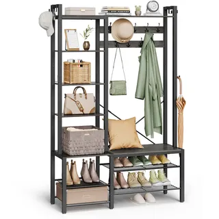VASAGLE Garderobenständer mit Schuhbank 40 x 120 x 190 cm Steingrau/Tintenschwarz