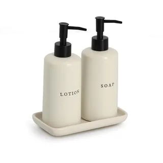 Zeller Seifen- UND Lotionspender Keramik Bath Style 3-teilig , Beige , 7.7x20x7.7 cm , Badaccessoires, Seifenspender