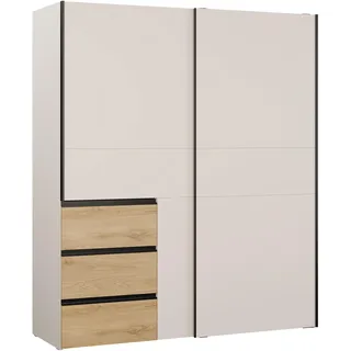 Forte Winn 2 Kleiderschrank 170, moderner Schrank im Industrial Stil, 2 Schwebetüren, 3 Schubladen, Holzwerkstoff, Kaschmir Beige/Wildeiche Holzdekor, 170,3 cm breit x 200,5 cm hoch x 61,2 cm tief