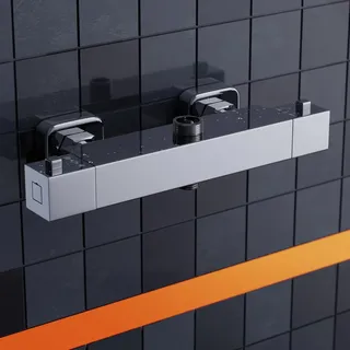 MORADO Duscharmatur Mit Thermostat, Armatur Dusche, Mischbatterie Dusche Mit 2 Auslässen, 3/4" BSP (26,4 mm) Auslass Oben und 1/2" BSP (21 mm), Quadratische Form, Verchromt