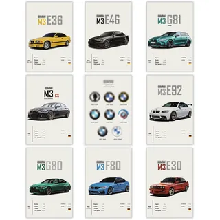 Aurelx 9 Stück Exquisite Auto Poster Set, Bunt Zimmer Deko Jungs, Leinwand Wandkunst, 20 x 30 Cm Supercar Wanddekoration für Büro, Wohnzimmer & Wohnzimmer, Ideale Auto Geschenke für Männer