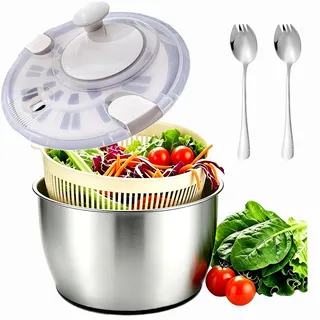 W&H Salatschleuder Edelstahl 5L,Salad Spinner mit Siebkorb und Drehdeckel