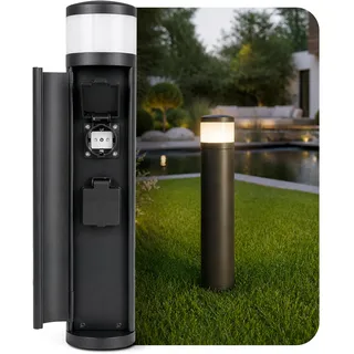 SSC-LUXon PALISO Steckdosensäule mit Licht schwarz IP44 Edelstahl - Außensteckdose mit 2 Steckdosen & G9 Fassung - Pollerleuchte für Garten & Terrasse