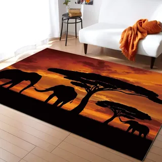 Teppich mit afrikanischem Sonnenuntergang Elefant, 150 x 200 cm, rutschfest, waschbar, Teppich für Wohnzimmer, Schlafzimmer, Küche, Eingangsbereich, Kinderteppich mit afrikanischem Grasland-Design