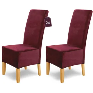 Scheffler Home Stuhlhussen Puma Velano Bordeaux 2er Set – Elastische waschbare Stuhlbezüge aus Samt für Esszimmerstühle und Polsterstühle – Edler Chenille Stuhlüberzug