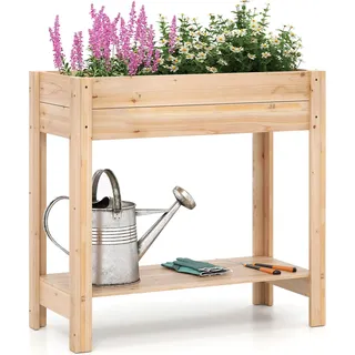 COSTWAY Hochbeet mit Ablage & Drainagefächern, Erhöhtes Gartenbeet Holz, Pflanzkasten, Gemüsebeet, Kräuterbeet 81x38x77cm Natur - Naturbelassen