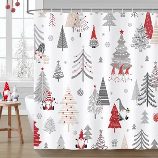 Bonhause Duschvorhang Weihnachten Wichtel Weihnachtsbaum Xmas Winterurlaub Duschvorhänge 180 x 180 cm Anti-Schimmel Wasserdicht Polyester Stoff Waschbar Bad Vorhäng für Badzimmer mit 12 Haken