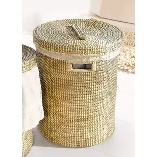 großer Wäschekorb aus Seegras, Ø 47 x 55 cm, Wäschesammler mit Deckel | Wäschetonne mit herausnehmbarer Textileinlage in Ceme, Schmutzwäsche-Behälter im Natur-Design