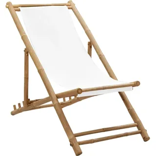 Liegestuhl aus Bambus und Canvas, Weiß, klappbar, 4-fach höhenverstellbar, 60x75x112 cm - Weiß, Bunt