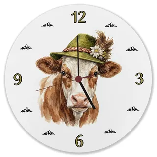 speecheese Wanduhr Kuh mit Trachtenhut, lustiger Spruch, Alpen-Design | Alpenländische Dekouhr mit Kuh im Aquarell, für Bauern und Tierfreunde. Leise Quarzuhr, 26,5 cm, Mdf, Made in Germany.