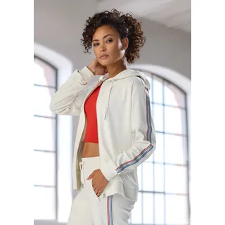 Kapuzensweatjacke H.I.S, Damen, Gr. XS (32/34), ecru, Interlock, Obermaterial: 100% Baumwolle, unifarben mit Farbeinsatz, bequem hüftlang, Rippbündchen, Sweatjacken Kapuzensweatjacke, mit seitlichem Tapestreifen