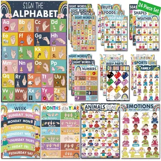 yiydong 24 Boho-Poster in amerikanischer Gebärdensprache für Kinder, Gebärdensprache für Babys & Kleinkinder, ABC-Zeichensprache, ASL-Poster für Klassenzimmer-Dekor