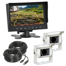VSG24 Rückfahrkamera 7" Starter-Set Wohnmobil inkl. 2 Kameras in Weiß, Monitor, Kabel & Fernbedienung – Wasserdicht Nachtsicht 12V-24V / Robustes Rückfahrsystem für Wohnwagen Wohnmobile