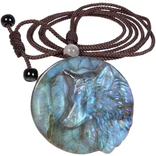 KYEYGWO Natürlichen Labradorit Ketten für Damen und Herren, Geschnitzt Stein Wolf Anhänger mit Einstellbare Nylon Seil, Heilung Kristall Halskette Edelstein Amulett Schmuck