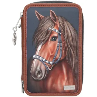 DEPESCHE 13688 Miss Melody Luxury Horse - Gefüllte 3-Fach Federtasche in Dunkelblau und Braun, mit Pferde Motiv und Glitzersteinen, Federmappe mit Buntstiften, Schere, Lineal UVM.