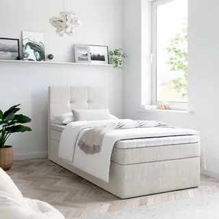 Bett, Boxspringbett MERA MINI mit Bettkästen, Doppelbett, Stauraum, Schlafzimmer, Polsterbett, Bettgestell (90x200, Beige - Aura 01, mit Topper VISCO) - Beige