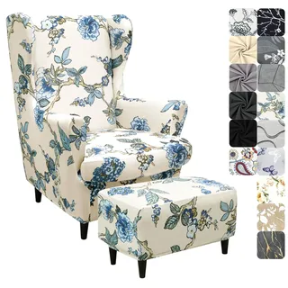 Alishomtll 3 Teilig Ohrensessel Überzug Mit Ottomane Schonbezug Stretch Sessel-Überwürfe Elastisch Sesselhusse Strandmon Tiger Stuhlbezug mit Armlehne Hohe Rückenlehne Universal (Blau Blumen)