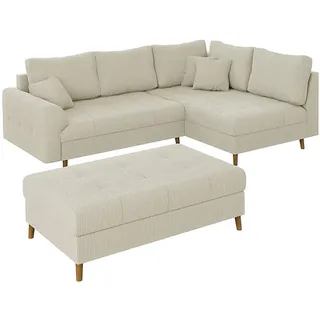 s-style möbel Ecksofa mit Schlaffunktion und Hocker mit Braun Holzfüßen im skandinavischen Stil aus Beige Cord-Stoff, Ottomane rechts - Beige