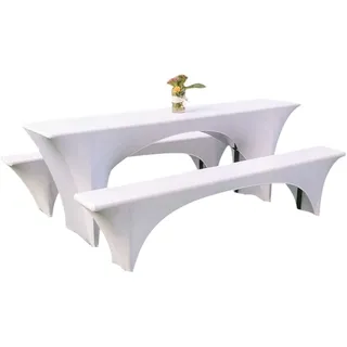 EBETA E Elastisch Biertischhussen Bierbank-Auflage & Tischdecke 3 TLG-Set 70cm Breite Bierzeltgarnitur Stretch Hussen für Festzeltgarnituren Bierbank Hussen (Weiß, für 70cm Tisch)