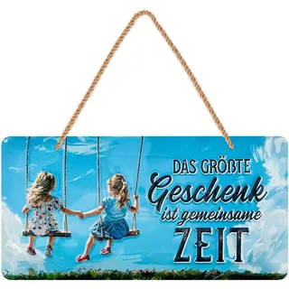 LANOLU Retro Blechschilder DAS GRÖßTE GESCHENK IST GEMEINSAME ZEIT vintage Metallschilder mit Sprüchen als Wanddeko für Küche und Garten - Shabby Chic Deko mit Jutekordel 16x32cm