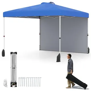 FANTASK Faltpavillon 3x3 m, Pop up Pavillon mit Seitenwand & 4 Sandsäcke, Festzelt Partyzelt inkl. Rolltasche & 8 Heringen & 4 Ankern & 4 Windseilen, UV Schutz 50+, Outdoor, Blau