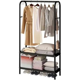 Zstar Kleiderständer aus Metall zum Aufhängen von Kleidung, Freistehender Kleiderständer mit 2-stufigen Ablagen, 6 Haken,Garderobenständer für Laden Schlafzimmer Ankleidezimmer,80x33x172 cm,Schwarz