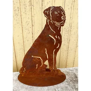Gartenfigur Hund Labrador sitzend auf Platte 50x35cm Edelrost Gartendeko Wetterfest Rost Metall Rostfigur von Steinfigurenwelt