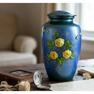 eSplanade Metall-Urnen-Gedenkglas-Behälter | Urne in voller Größe für die Bestattung der Bestattungsasche | 3D-Delphin gedruckt | Blau-Schwarz – 10 Zoll (Blaues Blumenmuster)