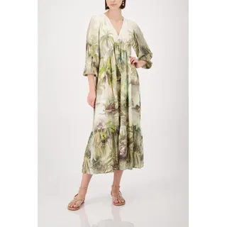 Maxikleid MONARI "Kleid Tropical Allover", Damen, Gr. 40, N-Gr, grün (olive gem), Web, Obermaterial: 100% Viskose, gemustert, regular fit lang, V-Ausschnitt, eingesetzt gerader Abschluss, Kleider Maxikleid, Regular fit mit tropischem Print