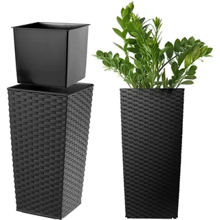 KADAX Pflanzkübel mit Innentopf, Höhe 46.5cm, 24x24cm, ca. 13L – Rattan-Optik Schwarz, Frostsicherer Blumentopf für Innen & Außen, Garten, Balkon & Terrasse, UV-beständig, wetterfest