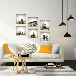 3D-Wandtattoo, selbstklebend, 3D-Effekt, Bonsai und Sträucher, Wandtattoo, für Schlafzimmer, Erwachsene, 3D-Wandtattoo, Wohnzimmer, Wandaufkleber, Trompe-Auge, 60 x 90 cm