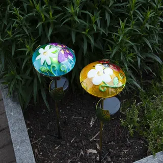 LED Solarstab Glasschirm - mit Schmetterling - blau - kaltweiße LED - H: 44cm - Dämmerungssensor