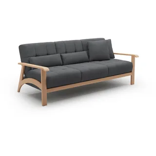 Cavadore 3er-Sofa Billan / 3-Sitzer Schlafsofa im skandinavischen Design mit Bett und massivem Holzgestell in Buche / 199 x 88 x 106 / Mehrfarbiger Strukturstoff, Dunkelgrau