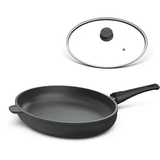 Hoffmann Fischpfanne 39 x 29 cm Oval mit Deckel Induktionsgeeignet I Backofengeeignet bis 280 Grad I Schnitzelpfanne beschichtet Induktion I Bratpfanne Backofen Glaskeramikkochfeld Glasdeckel