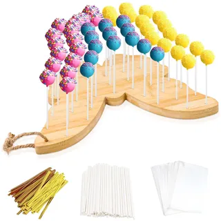 Bambus-Cake-Pop-Ständer, 47 Löcher, Cakepop-Ständer für Desserttisch, Lutscher-Halter, Cake-Pop-Halter, Cake-Pop-Set enthält 90 Cake-Pop-Sticks und Wrapper, Cake-Pop-Zubehör (Schmetterling-Form)