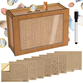 alyvisun Spardose Holz mit Marker Aufklebern, Sparbüchse mit Zähler 5000€ Wiederverwendbare Geldkassette Holzspardose mit Sparziel zum Ankreuzen Sparbox Geldsparbox Cash Box €500-€10000 Ziel