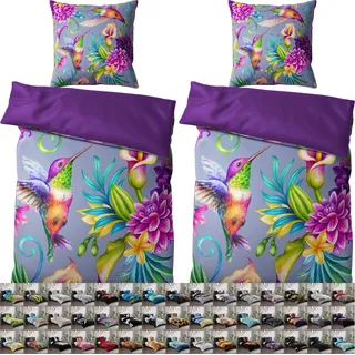 SANILO® Bettwäsche 135x200 cm, 100% feinste Baumwolle, 4-teilig, Bettbezug, Kissenbezug 80x80cm - Kolibri - Violett, Lila, Bunt