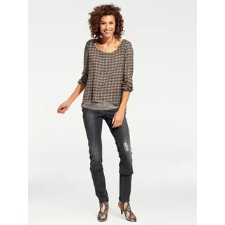 Longbluse HEINE, Damen, Gr. 40, grau (taupe, braun), 100% Polyester, bedruckt, gemustert, Rundhals, Blusen Longbluse