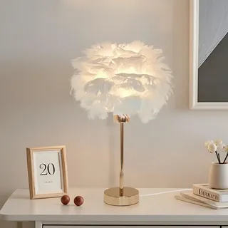 KUOP Federlampe Tischlampe Moderne E27 Nachttischlampe Weiß mit Kabel Leselampe Künstliche Federn Flauschige Weiß Dekolampe für Schlafzimmer Wohnzimmer Aesthetic Room Decor, 30cm x 38cm