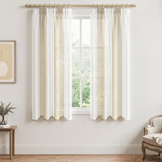 MRTREES Gardinen mit Kräuselband,Beige und Weiß Streifen,145x140 cm,2er Set | Vorhänge Kurz Transparent,Tüll Gardine,Boho Style,für Fenster Modern,Schlafzimmer,kinderzimmer Mädchen,Küche,Bistro